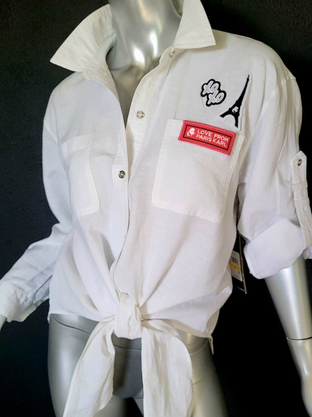 NWT~$90~KARL LAGERFELD~SZ M~WHITE ROLL TAB SLEEVE SHIRT TOP BLOUSE PARIS LOGO - Picture 9 of 16